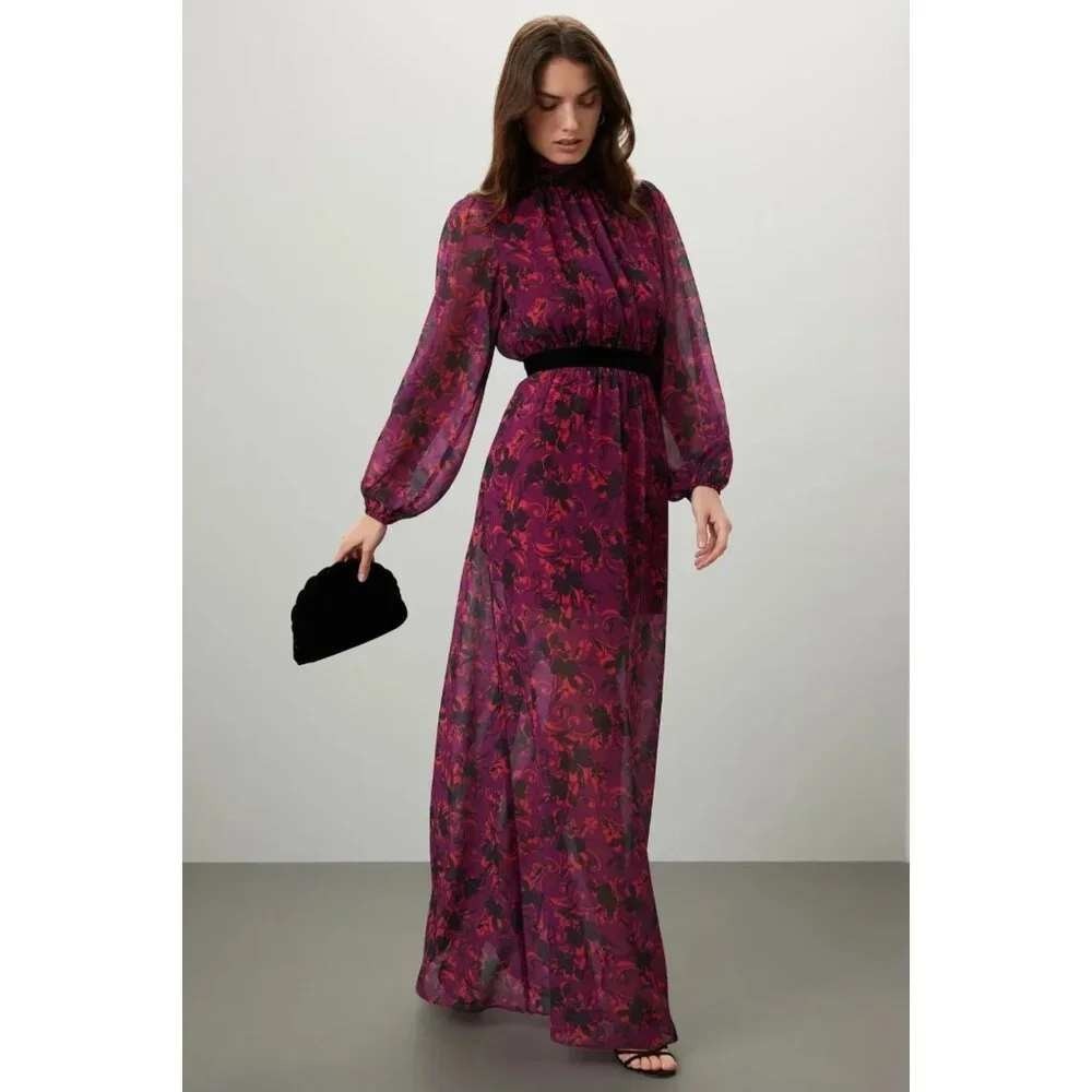 LDT Brooke Dress Floral Maxi Mock Neck Long Sleeve Belted Purple Red Black Sz 12